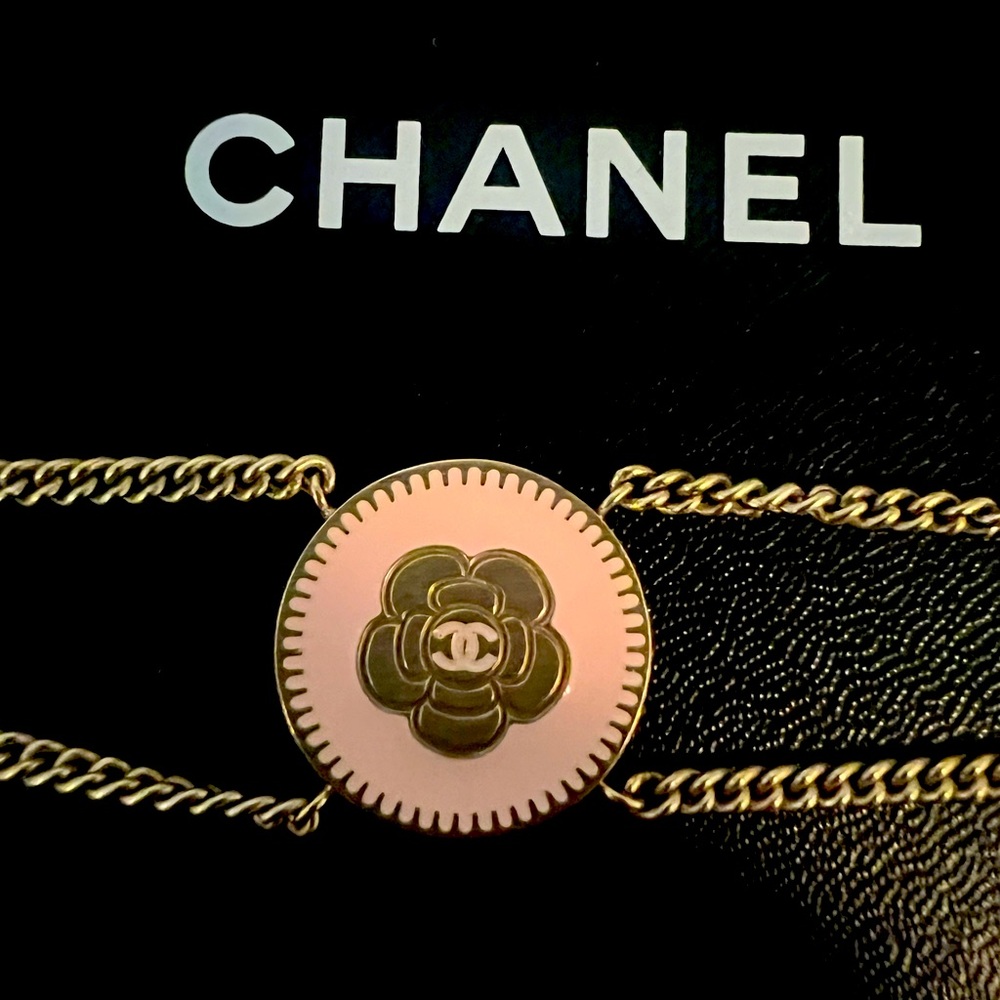 Pink Camellia Chanel Link Bracelet, gold tone with lobster claw clasp